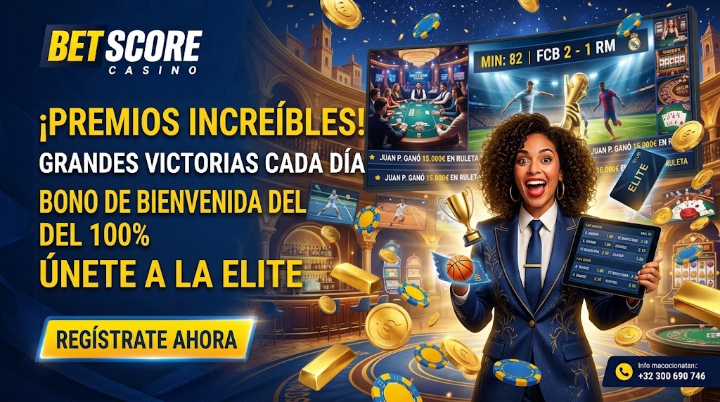 Pieza promocional de un salón con ruleta, pantallas de juego y fichas de Betscore Casino